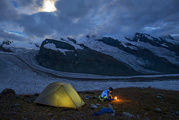 Camped beside the Gornergletscher at the foot of Monte Rosa, Zermatt, Valais, Switzerland, Europe