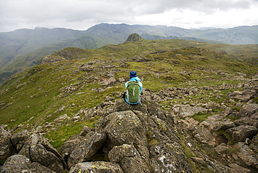 Hiking in Great Langdale with a view of the Pike of Stickle in the distance, Lake District National Park, Cumbria, England, United Kingdom, Europe