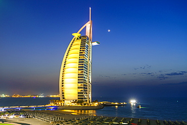 Burj Al Arab hotel at night, iconic Dubai landmark, Jumeirah Beach, Dubai, United Arab Emirates, Middle East