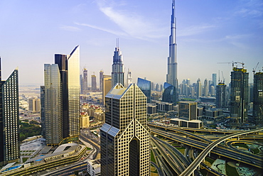 Burj Khalifa and Sheikh Zayed Road Interchange, Downtown Dubai, Dubai, United Arab Emirates, Middle East