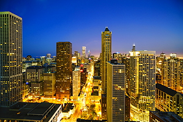 City skyline by night, Chicago, Illinois, United States of America, North America