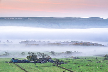 Mist rising over East Halton and Embsay in Lower Wharfedale, North Yorkshire, Yorkshire, England, United Kingdom, Europe