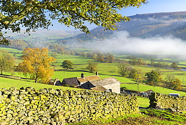 Mist around Simons Seat and along the River Wharfe in Wharfedale, The Yorkshire Dales, Yorkshire, England, United Kingdom, Europe