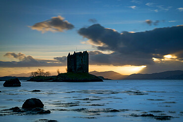 Sunset over Loch Linnhe and Castle Stalker, Highland, Appin, Scotland, United Kingdom, Europe