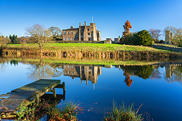 Ripley Caste reflected on the still water of the Lake, Nidderdale, The Yorkshire Dales National Park, Yorkshire, England, United Kingdom, Europe