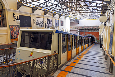 A funicular railway car in a station. Naples, Campania, Italy, Europe.