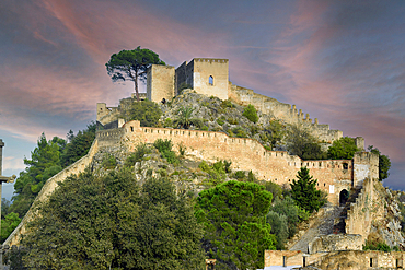 Xativa castle at dusk, at a height of 310 metres above the modern-day city, Xativa, Valencia, Spain, Europe