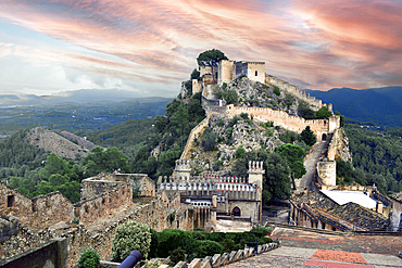 Xativa castle at dusk, at a height of 310 metres above the modern-day city, Xativa, Valencia, Spain, Europe