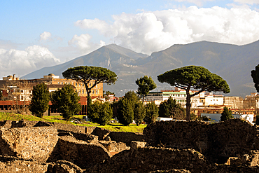 The archeological ruins of Pompeii with Mount Vesuvius in the background. Italy, Europe.