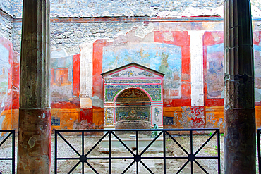 Wall murals in the archeological ruins of Pompeii. A UNESCO World Heritage site. Italy, Europe.