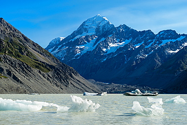 Icebergs float in a cold lake with a large snow covered mountain, South Island, New Zealand, Pacific