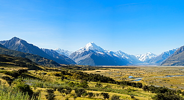 Yellow grass field with large mountains in the distance, South Island, New Zealand, Pacific