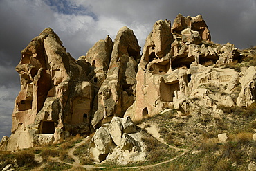 Rock formations and cave houses in Goreme, Cappadocia, Anatolia, Turkey, Asia Minor, Asia