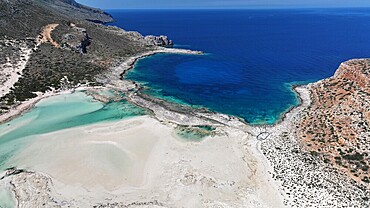 Aerial view of Balos Lagoon, Balos Beach and Cape Tigani, Gramvousa Peninsula, Chania Region, Crete, Greek Islands, Greece, Europe