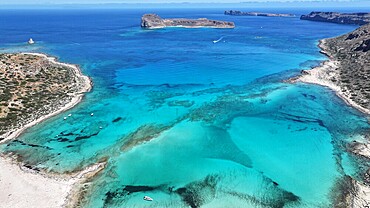 Aerial view of Balos Lagoon, Balos Beach and Cape Tigani, Gramvousa Peninsula, Chania Region, Crete, Greek Islands, Greece, Europe