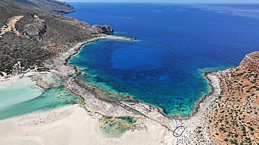 Aerial view of Balos Lagoon, Balos Beach and Cape Tigani, Gramvousa Peninsula, Chania Region, Crete, Greek Islands, Greece, Europe