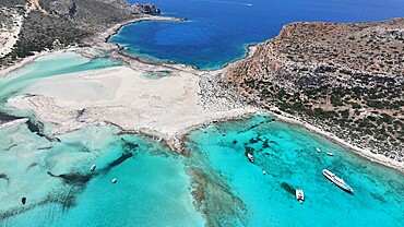 Aerial view of Balos Lagoon, Balos Beach and Cape Tigani, Gramvousa Peninsula, Chania Region, Crete, Greek Islands, Greece, Europe