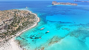 Aerial view of Balos Lagoon, Balos Beach and Cape Tigani, Gramvousa Peninsula, Chania Region, Crete, Greek Islands, Greece, Europe