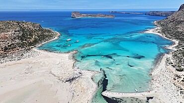 Aerial view of Balos Lagoon, Balos Beach and Cape Tigani, Gramvousa Peninsula, Chania Region, Crete, Greek Islands, Greece, Europe