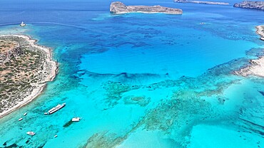 Aerial view of Balos Lagoon, Balos Beach and Cape Tigani, Gramvousa Peninsula, Chania Region, Crete, Greek Islands, Greece, Europe