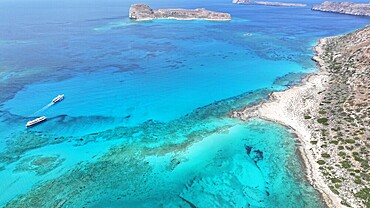 Aerial view of Balos Lagoon, Balos Beach and Cape Tigani, Gramvousa Peninsula, Chania Region, Crete, Greek Islands, Greece, Europe