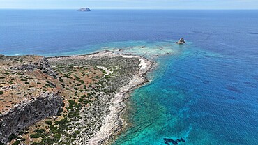 Aerial view of Balos Lagoon, Balos Beach and Cape Tigani, Gramvousa Peninsula, Chania Region, Crete, Greek Islands, Greece, Europe