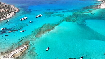 Aerial view of Balos Lagoon, Balos Beach and Cape Tigani, Gramvousa Peninsula, Chania Region, Crete, Greek Islands, Greece, Europe