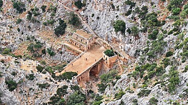 Aerial view of Katholikon Monastery, Katholikon Gorge, Chania, Crete, Greek Islands, Greece, Europe