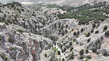 Aerial view of ladscape near the Katholikon Monastery, Katholikon Gorge, Chania, Crete, Greek Islands, Greece, Europe