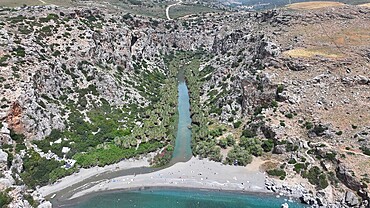 Aerial view of Preveli Beach and Preveli Gorge, Crete, Greek Islands, Greece, Europe