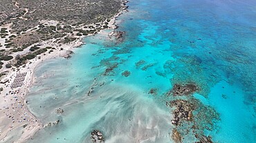 Aerial view of shallow waters surrounding Elafonisi Beach, Crete, Greek Islands, Greece, Europe