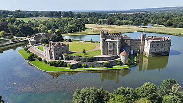 Aerial view of Leeds Castle and moat, southeast of Maidstone, Kent, England, United Kingdom, Europe