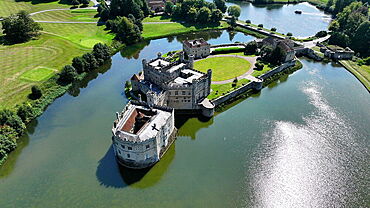 Aerial view of Leeds Castle and moat, southeast of Maidstone, Kent, United Kingdom, Europe