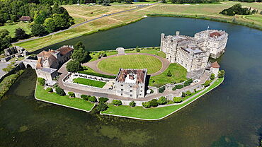 Aerial view of Leeds Castle and moat, southeast of Maidstone, Kent, United Kingdom, Europe