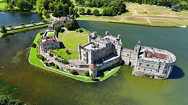 Aerial view of Leeds Castle and moat, southeast of Maidstone, Kent, United Kingdom, Europe