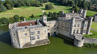 Aerial view of Leeds Castle and moat, southeast of Maidstone, Kent, United Kingdom, Europe