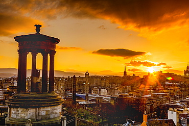 Edinburgh sunset view from Calton Hill, Dugald Stewart Monument, Edinburgh, Scotland, United Kingdom, Europe