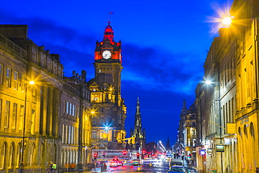 View from Waterloo Place, The Balmoral Hotel at dusk, Princes Street, Edinburgh, Lothian, Scotland, United Kingdom, Europe