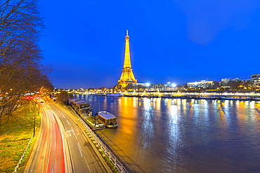 Eiffel Tower, traffic light trails, River Seine, Paris, France, Europe