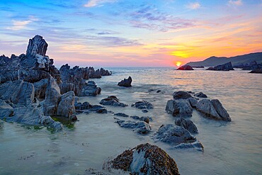 Sunset over Atlantic, Combesgate Beach, Woolacombe, Devon, England, United Kingdom, Europe