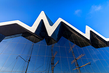 Riverside Museum and reflection of the Tall Ship Glenlee, Pointhouse Quay, Glasgow, Scotland, United Kingdom, Europe