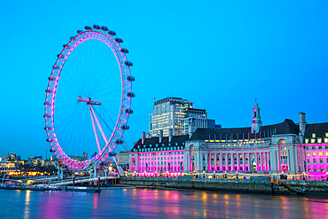 London Eye and London County Hall buiding, at dusk, River Thames, London, England, United Kingdom, Europe