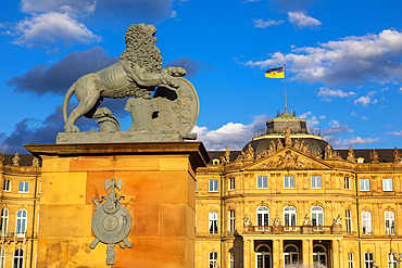 Lion statue at entrance, Neues Schloss (New Palace), Neues Schloss, Stuttgart, Baden-Wurttemberg state, Germany, Europe