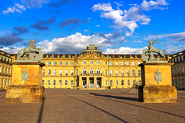 Lion and deer statues at entrance, Neues Schloss, New Palace, Neues Schloss, Stuttgart, Baden-Wurttemberg state, Germany, Europe