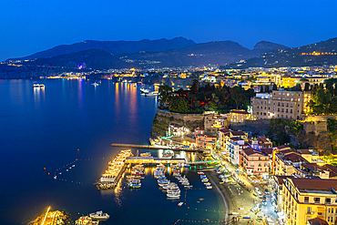 Panoramic dusk view of Sorrento, Bay of Naples, Campania, Italy, Mediterranean, Europe