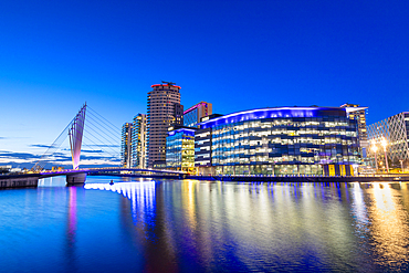 Media City UK at dusk, footbridge, BBC Studios, Salford Quays, Greater Manchester, England, United Kingdom, Europe