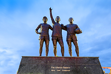 The United Trinity, George Best, Denis Law, Bobby Charlton, Old Trafford, Statue, Manchester United, Greater Manchester, England, United Kingdom, Europe