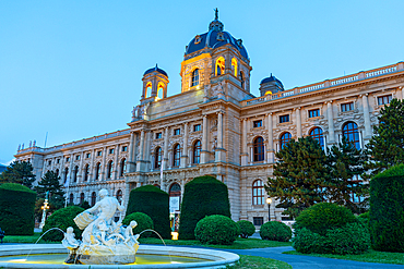 Sculpted fountain in front of Kunsthistorisches Museum, Art History Museum, at dusk, Museum Quarter, Vienna, Austria, Europe