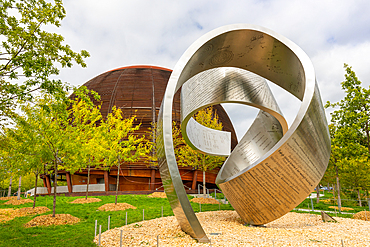 CERN, 'Wandering the immeasurable', steel structure, Globe of Science and Innovation in background, Geneva, Switzerland, Europe