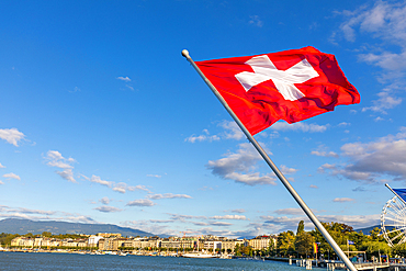 Swiss flag, Geneva Lake, Geneva, Switzerland, Europe